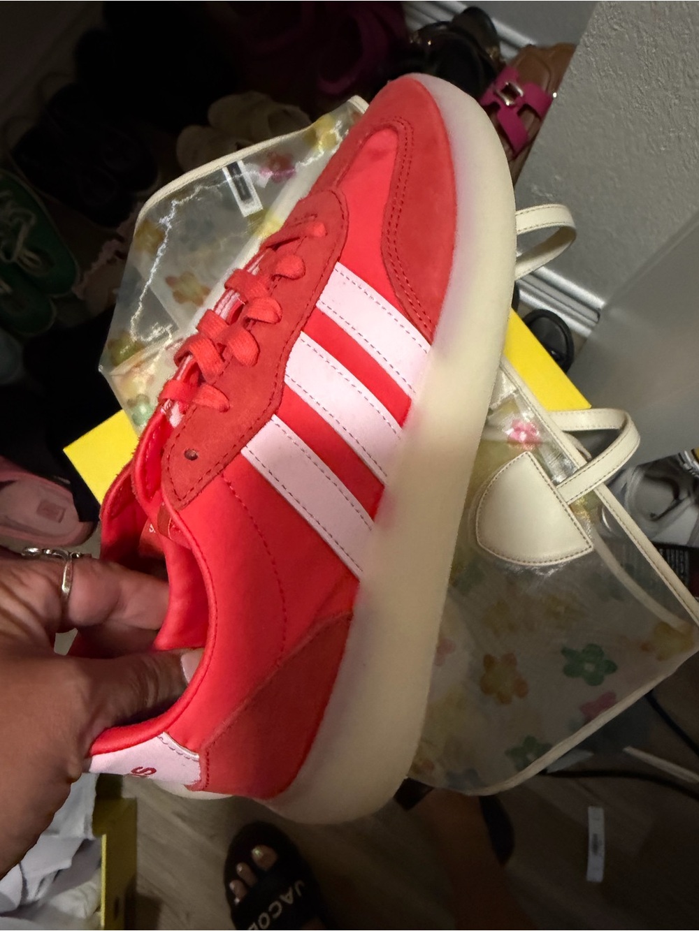 adidas Womans Coral-Red Sneakers with White Stripes